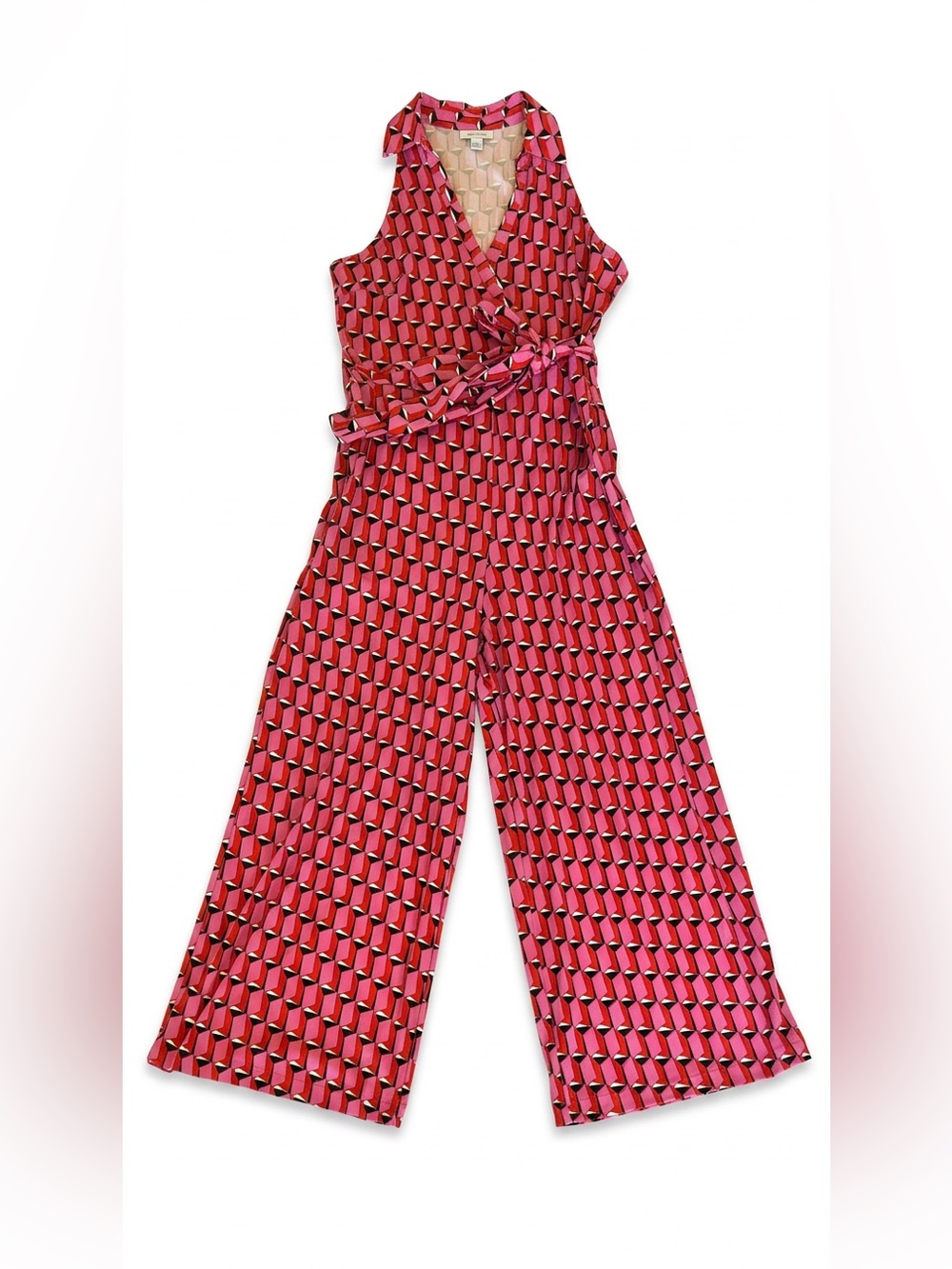 DVF for Target Pink Geo Print Belted Jumpsuit Wide Leg Collared V Neck Sz M